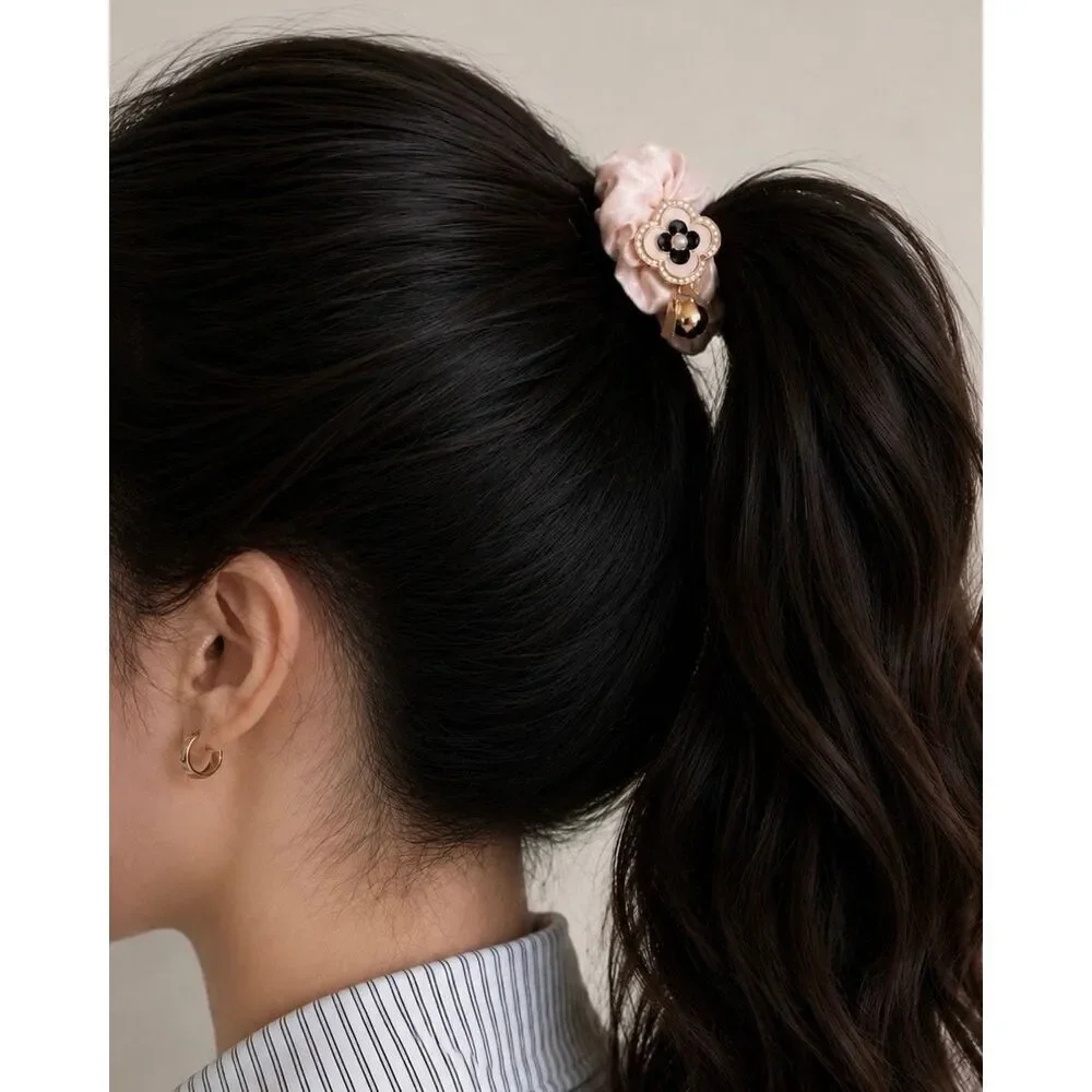Pink Camellia Flower Scrunchie with Charms - Hair Tie Hair Band Ponytail